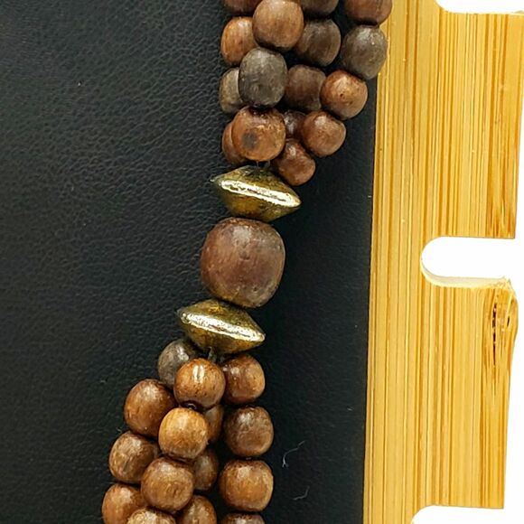 Wood Banded Striped Discs Round Beads Necklace Chunky Vintage Clasp Gold Tone - Picture 4 of 10